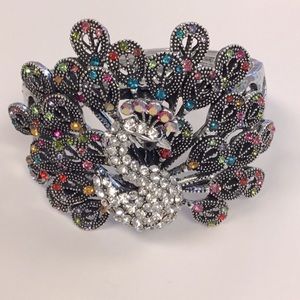 Rhinestone Peacock Cuff Bracelet Silver tone new
